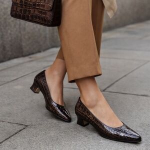 Vintage Espresso Brown Poetcore Croc Embossed 100% Leather Block Kitten Heels